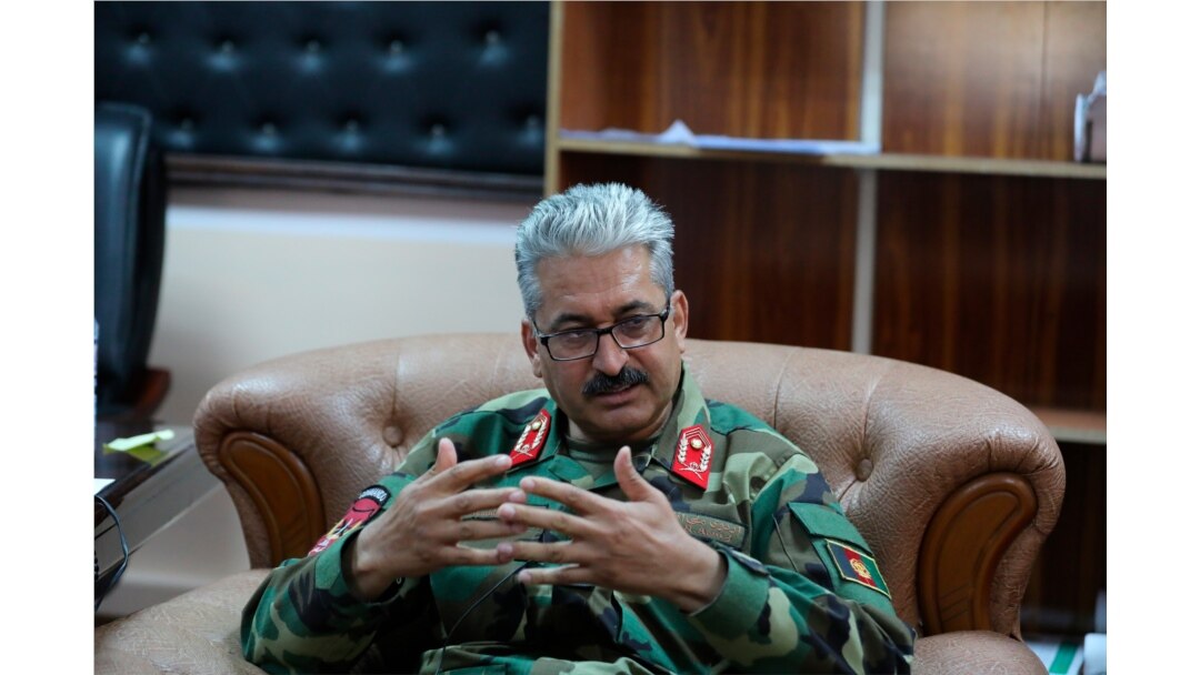 Gen. Mir Asadullah Kohistani, the new commander of Bagram Airfield, speaks during an interview with the Associated Press, after the American military departed, July 5, 2021.