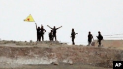 Fighters with the Kurdish People's Protection Units, or YPG, wave their yellow triangular flag on the outskirts of Tal Abyad, Syria, June 15, 2015.