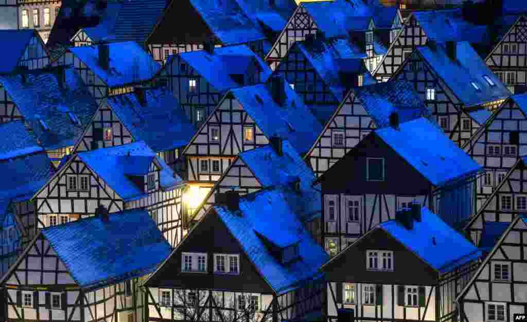The architectural monument &quot;Alter Flecken&quot; with 80 half-timbered houses are seen in the old town of Freudenberg, western Germany, Feb. 13, 2021.