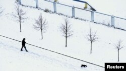 FILE - A man with a dog walks during the first snowfall in Minsk, Belarus, Nov. 2, 2016. 