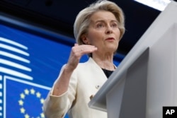 FILE - European Commission President Ursula von der Leyen addresses a media conference at an EU Summit in Brussels, March 6, 2025.