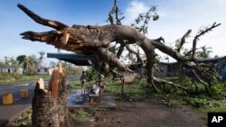 Dua orang anak laki-laki berteduh di bawah halte bus yang menopang pohon tumbang akibat hantaman topan Winston di desa Talecake, Fiji (24/2).