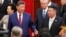 资料照片：中国国家主席习近平与朝鲜领导人金正恩抵达北京人民大会堂，出席纪念第二次世界大战结束80周年的招待会。(2025年9月3日)