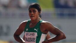La Nigériane Blessing Okagbare lors du 200 m aux Championnats du monde d'athlétisme au Khalifa International Stadium de Doha, Qatar, le 30 septembre 2019.