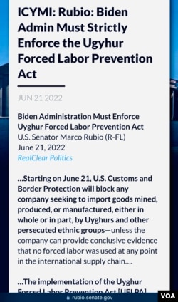 参与发起的美国联邦参议员卢比奥星期二发表声明，敦促拜登政府“务必严格执行《防止强迫维吾尔人劳动法》”。(视频截图，2022年6月21日)
