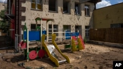 This kindergarten was damaged by Russian missile fired early Sunday, in Kyiv, Ukraine, June 27, 2022. 