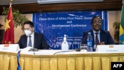 Xue Bing, China Special Envoy to the Horn of Africa (L) and Redwan Hussein (R), National security advisor to the Prime Minister of Ethiopia attend the first Horn of Africa peace conference in Addis Ababa, Ethiopia, on 6.20.2022

