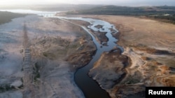 FILE - The Theewaterskloof Dam, which supplies most of Cape Town's potable water, is seen from above near Villiersdorp, South Africa, February 20, 2018. A similar water shortage is happening in the country's Nelson Mandela Bay area.