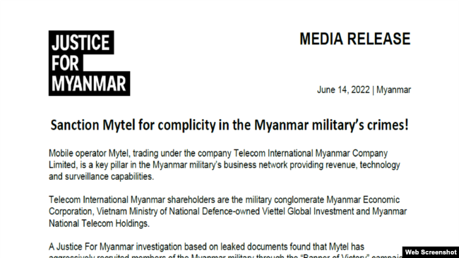 Thông cáo báo chí của tổ chức Justice For Myanmar ngày 14/6/2022.
