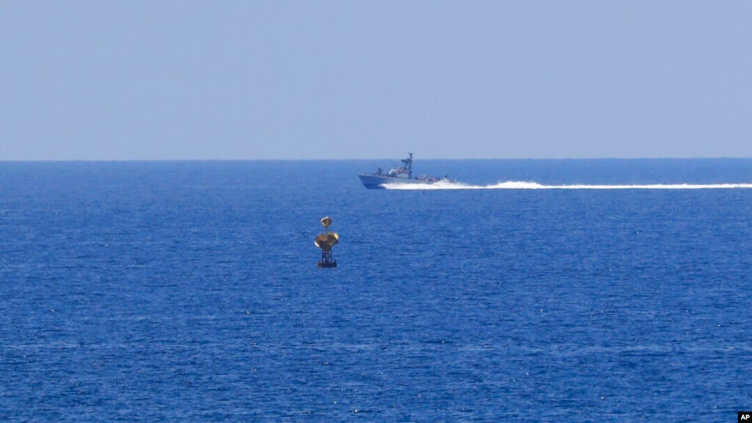 FILE - An Israeli Navy vessel patrols in the Mediterranean Sea, while Lebanon and Israel are being called to resume indirect talks over their disputed maritime border with US mediation, off the southern town of Naqoura, June 6, 2022.