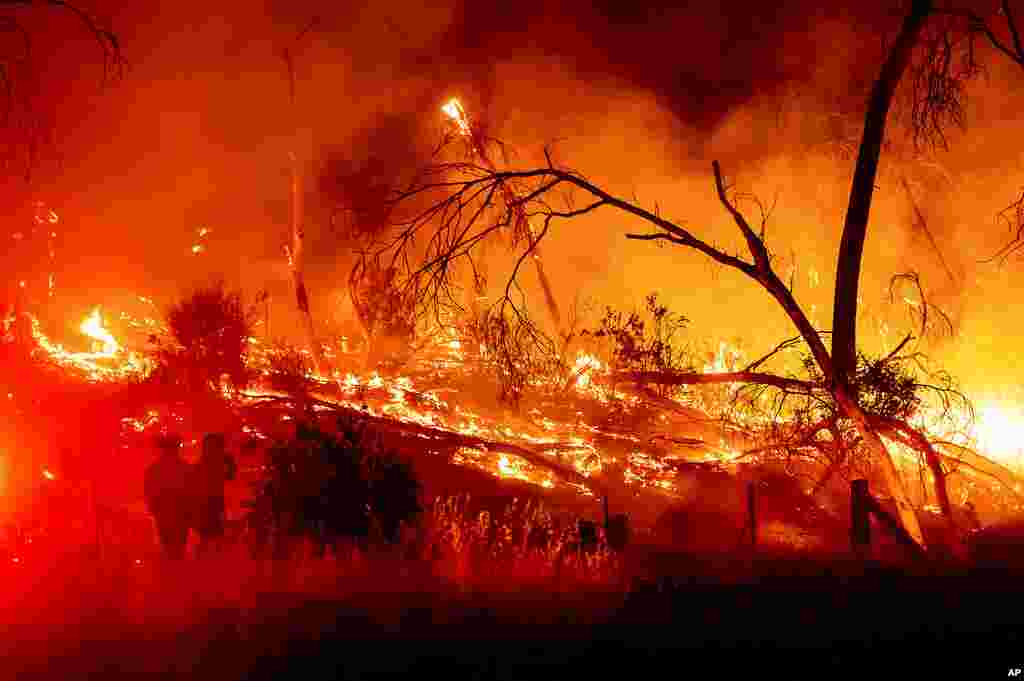 Firefighters battle the Electra Fire in the Rich Gulch community of Calaveras County, California, July 4, 2022.