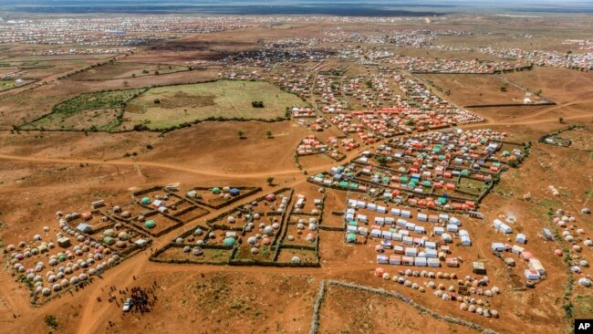 The Kaam Jiroon camp for the internally-displaced is seen from the air in Baidoa, Somalia, June 15, 2022.