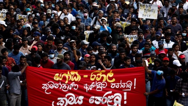 Members of Inter University Students' Federation shout slogans against Sri Lanka's President Gotabaya Rajapaksa demanding him to step down, amid the country's economic crisis, in Colombo, Sri Lanka, June 20, 2022.