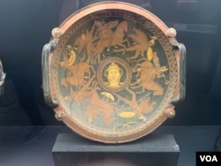 A plate with a scene of war between Greeks and Anazones from VI century BC is seen at the Rescued Art Museum in Rome. (Sabina Castelfranco/VOA)