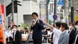 Former Japanese Prime Minister Shinzo Abe makes a speech before he was shot from behind by a man in Nara