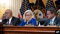 From left, Chairman Bennie Thompson, D-Miss., Vice Chair Liz Cheney, R-Wyo., and Rep. Adam Kinzinger, R-Ill., listen as Arizona House Speaker Rusty Bowers testifies on June 21, 2022.