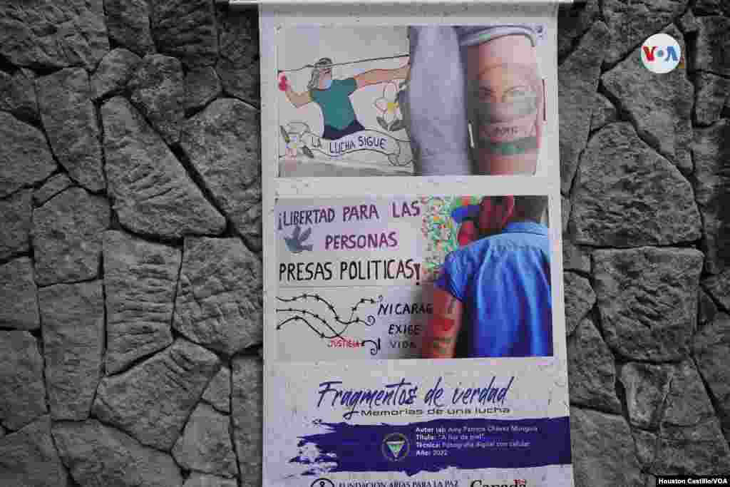 Pancartas en las afueras de la fundación Arias están relacionadas a crisis de Nicaragua. Foto Houston Castillo, VOA.