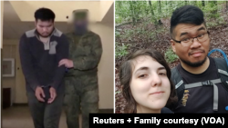Andy Huynh (ảnh trái) trong một video do truyền thông nhà nước Nga công bố tại một địa điểm không xác định và với vị hôn thê Joy Black (ảnh phải) trước khi tới Ukraine chiến đấu. (Ảnh Reuters và gia đình cung cấp).