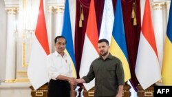 Presiden Ukraina Volodymyr Zelensky (kanan) dan mitranya Presiden Joko Widodo berjabat tangan dalam konferensi pers di Kyiv, Ukraina, 29 Juni 2022. (AFP)