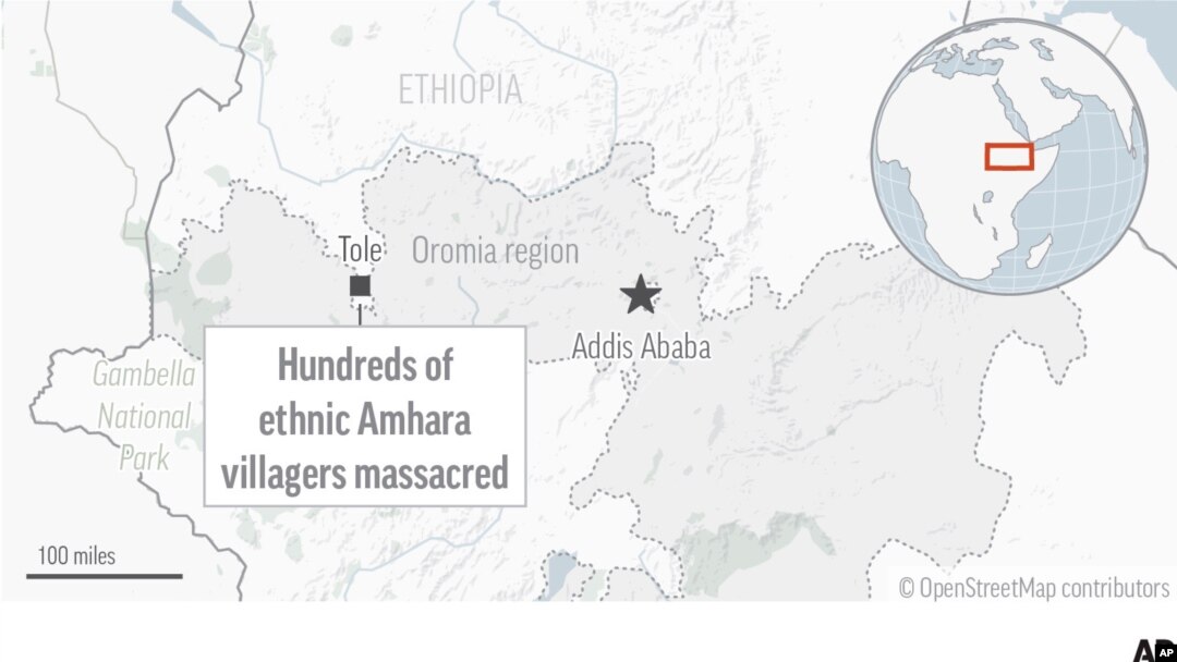 Hundreds of people were slaughtered in a village and its surroundings this month in the latest explosion of ethnic violence in Ethiopia.