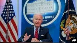 President Joe Biden speaks during a virtual meeting with Democratic governors on the issue of abortion rights, in the South Court Auditorium on the White House campus, July 1, 2022, in Washington. 