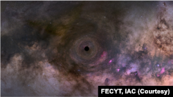 This is an illustration of a close-up look at a black hole drifting through our Milky Way galaxy.