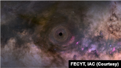 FILE: An illustration of a close-up look at a "black hole" drifting through our Milky Way galaxy. Image uploaded June 30, 2022.