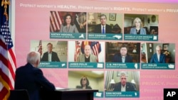 President Joe Biden participates in a virtual meeting with Democratic governors on the issue of abortion rights, in the South Court Auditorium on the White House campus, July 1, 2022, in Washington.