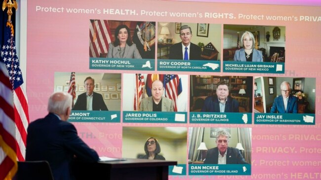 President Joe Biden participates in a virtual meeting with Democratic governors on the issue of abortion rights, in the South Court Auditorium on the White House campus, July 1, 2022, in Washington.