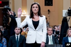 Cassidy Hutchinson, former aide to Trump White House chief of staff Mark Meadows, is sworn in to testify as the House select committee investigating the Jan. 6 attack on the U.S. Capitol holds a hearing at the Capitol in Washington, June 28, 2022.