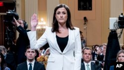 Cassidy Hutchinson, former aide to Trump White House chief of staff Mark Meadows, is sworn in to testify as the House select committee investigating the Jan. 6 attack on the U.S. Capitol holds a hearing at the Capitol in Washington, June 28, 2022.