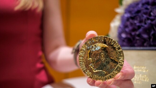 FILE - A worker holds Russian journalist Dmitry Muratov's 23-karat-gold medal of the 2021 Nobel Peace Prize before its auction at the Times Center, June 20, 2022, in New York. He sold it to help refugees from the war in Ukraine.
