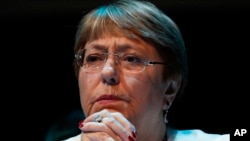 FILE - In this April 9, 2019 file photo, Michelle Bachelet, United Nations High Commissioner for Human Rights, attends a press conference at the Spanish Cultural Center, in Mexico City. Bachelet has issued a blistering report on Nicaragua’s deteriorating human rights situation.