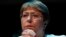 FILE - In this April 9, 2019 file photo, Michelle Bachelet, United Nations High Commissioner for Human Rights, attends a press conference at the Spanish Cultural Center, in Mexico City. Bachelet has issued a blistering report on Nicaragua’s deteriorating human rights situation.