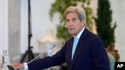 The United States Special Presidential Envoy for Climate John Kerry attends Portugal's Council of State, invited by Portuguese President Marcelo Rebelo de Sousa, in Cascais, outside Lisbon on June 28, 2022. 