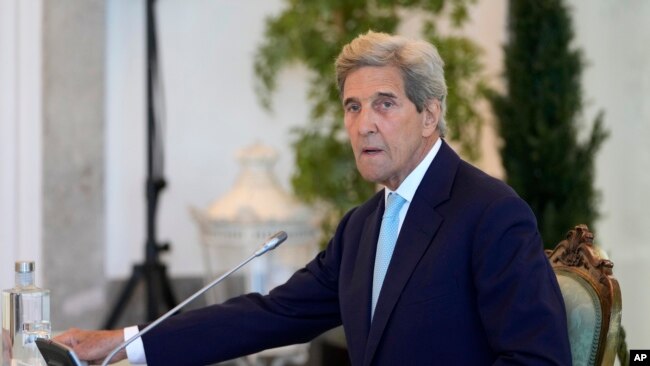 The United States Special Presidential Envoy for Climate John Kerry attends Portugal's Council of State, invited by Portuguese President Marcelo Rebelo de Sousa, in Cascais, outside Lisbon on June 28, 2022.
