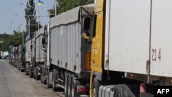 FILE - Trucks loaded with grain wait in a queue near Izmail, in the Odesa region, June 14, 2022, amid the Russian invasion of Ukraine.