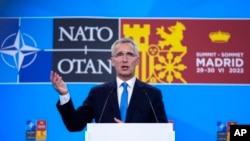 NATO Secretary-General Jens Stoltenberg talks during a news conference at the NATO summit in Madrid, Spain, June 29, 2022.