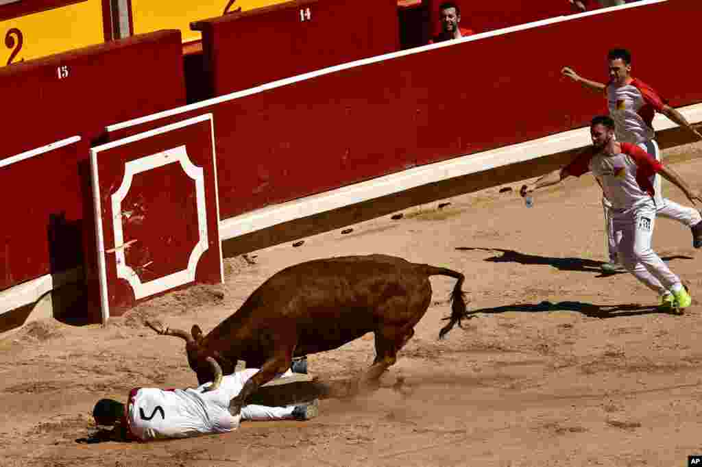 A participant is pushed by a bull during &quot;Recortadores de Anillas&quot; at the San Fermin Festival in Pamplona, northern Spain.