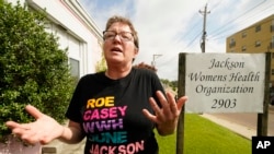 Dr. Cheryl Hamlin speaks with reporters outside the Jackson Women's Health Organization clinic in Jackson, Mississippi, on July 6, 2022. Hamlin is one of a rotating group of physicians who provide abortions at the clinic.