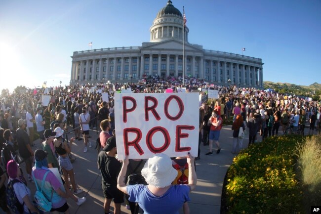 People attend an abortion-rights protest at the Utah State Capitol in Salt Lake City after the Supreme Court overturned Roe v. Wade, Friday, June 24, 2022. (AP Photo/Rick Bowmer)