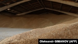 Grãos de trigo numa instalação de armazenamento de cereais numa quinta perto de Izmail, na região de Odessa, no meio da invasão russa da Ucrânia. 