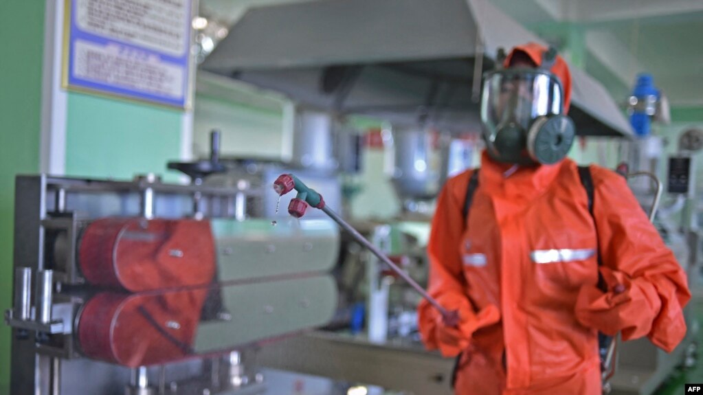 2022年6月16日，一名卫生官员在平壤化妆品工厂消毒工作场所的地板。据朝鲜国家媒体周五报道，数百个家庭患有一种不明肠道疾病，与此同时，朝鲜也在抗击新冠病毒疫情。(photo:VOA)