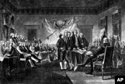 Ova nedatirana gravura prikazuje scenu 4. jula 1776. kada je Deklaraciju nezavisnosti, koju su izradili Thomas Jefferson, Benjamin Franklin, John Adams, Philip Livingston i Roger Sherman, odobrio Kontinentalni kongres u Filadelfiji.