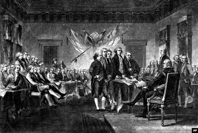 This undated engraving shows the scene on July 4, 1776 when the Declaration of Independence, drafted by Thomas Jefferson, Benjamin Franklin, John Adams, Philip Livingston and Roger Sherman, was approved by the Continental Congress in Philadelphia.