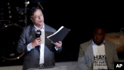 President-elect Gustavo Petro speaks during a ceremony to release a truth commission's final report regarding the country's internal conflict, in Bogota, Colombia, June 28, 2022. 