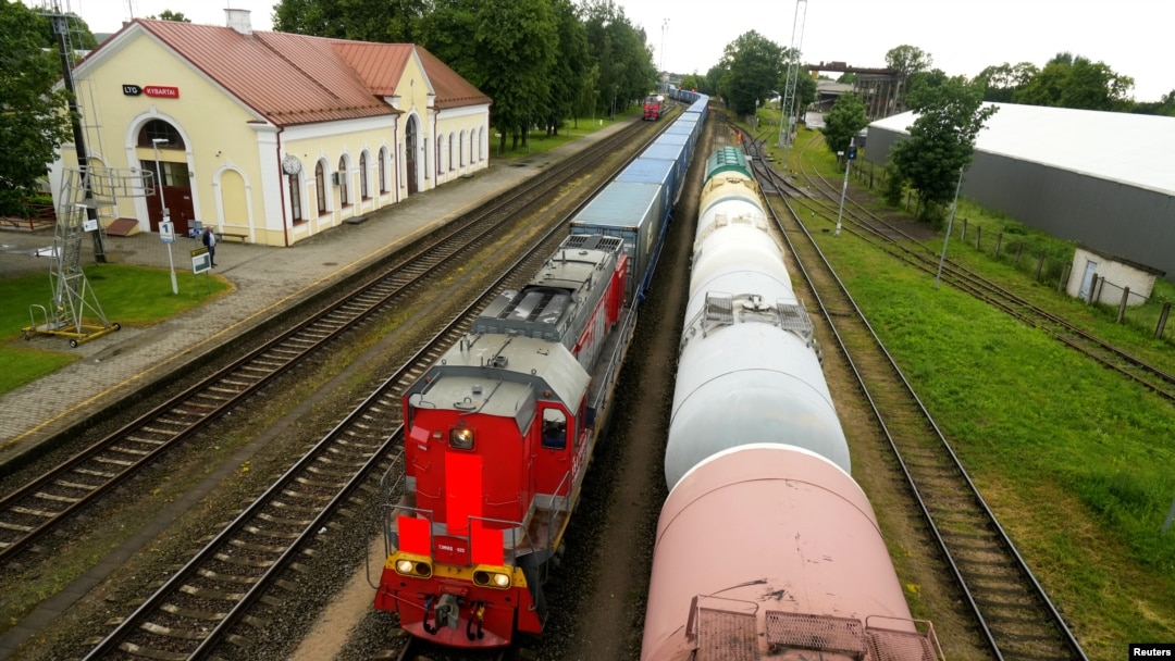 A freight train from the Russian region of Kaliningrad arrives at the border railway station in Kybartai, Lithuania, June 21, 2022. 