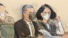 In this courtroom sketch, Ghislaine Maxwell, right, is seated beside her attorney, Christian Everdell, as they watch the prosecutor speak during her sentencing, June 28, 2022, in New York.