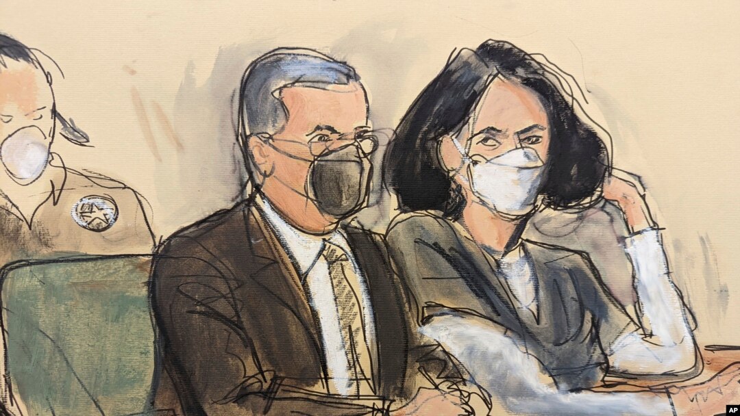 In this courtroom sketch, Ghislaine Maxwell, right, is seated beside her attorney, Christian Everdell, as they watch the prosecutor speak during her sentencing, June 28, 2022, in New York.