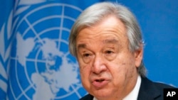 FILE -- U.N. Secretary-General Antonio Guterres addresses reporters during a news conference in New York, June 8, 2022. He has warned that the world faces "catastrophe" because of a growing shortage of food.